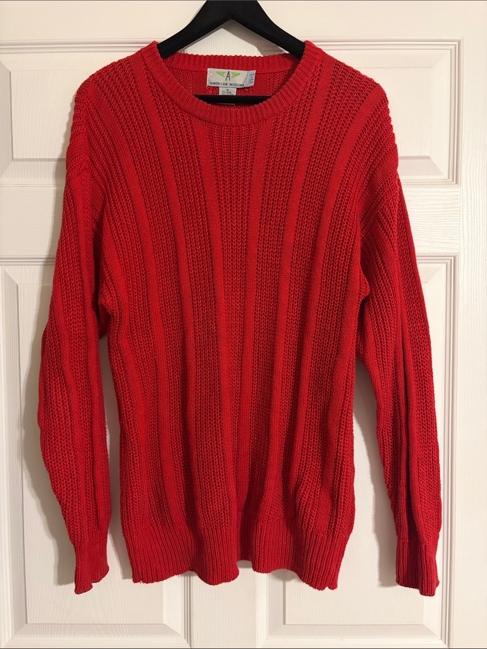 Vintage 80s American Weekend Red Ribbed Knit Sweater M Ramie Cotton